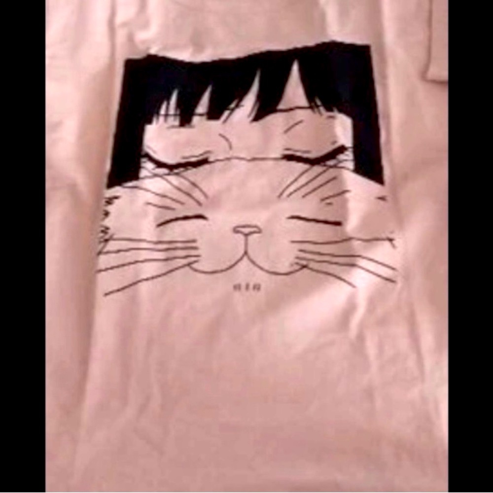 💋CAT/FACE Half Cat Half Cartoon Face 💯Cotton Pink Cat/Womens MERGE T-shirt